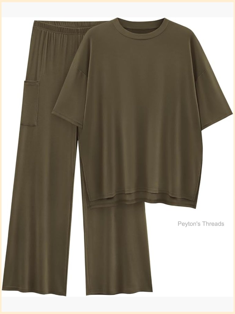 2 Piece Lounge Set Short Sleeve Top & Wide Leg Pants Airport Travel Outfit